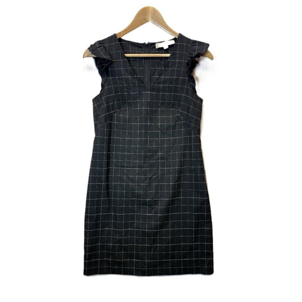LOFT Dress Womens Size 0 Black Windowpane Check Ruffle Sleeve Sheath Work Career
